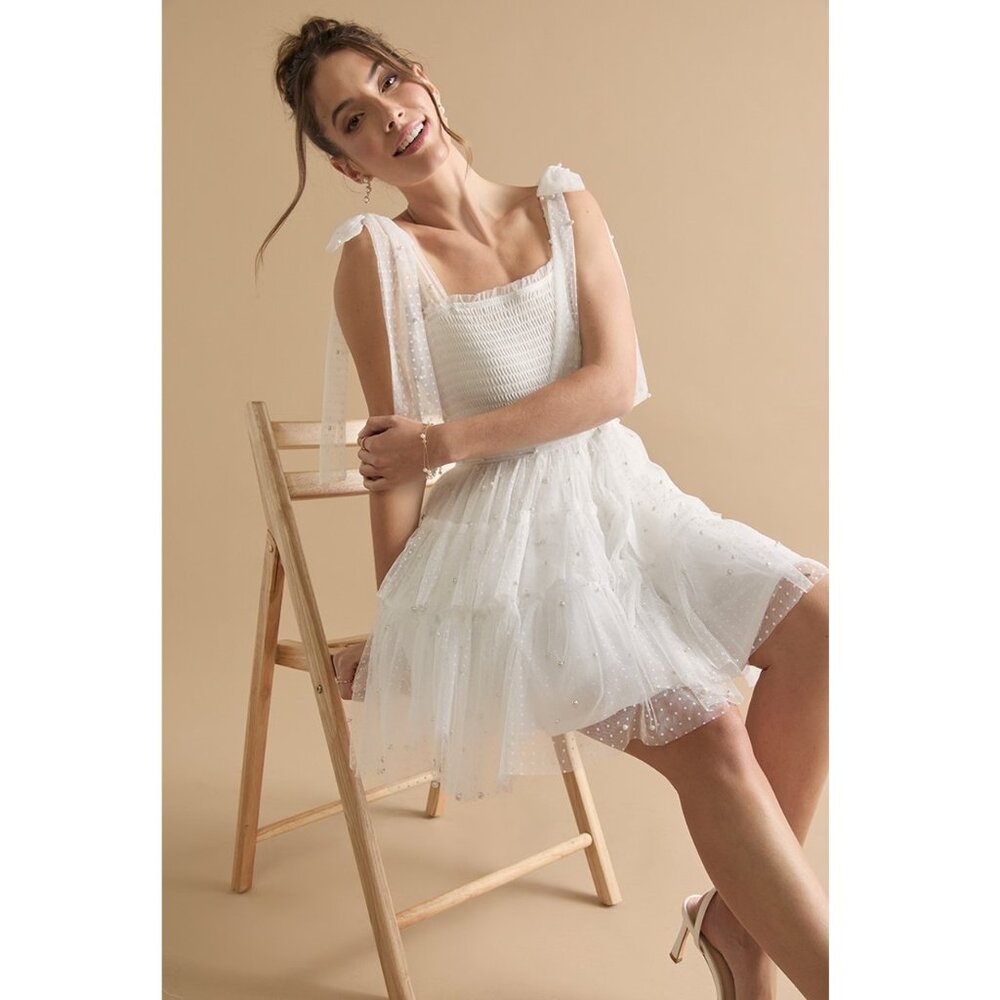 FRANCESCA'S White Vienna Pearl & Tulle Ruffle Tiered Mini Dress | Size XS